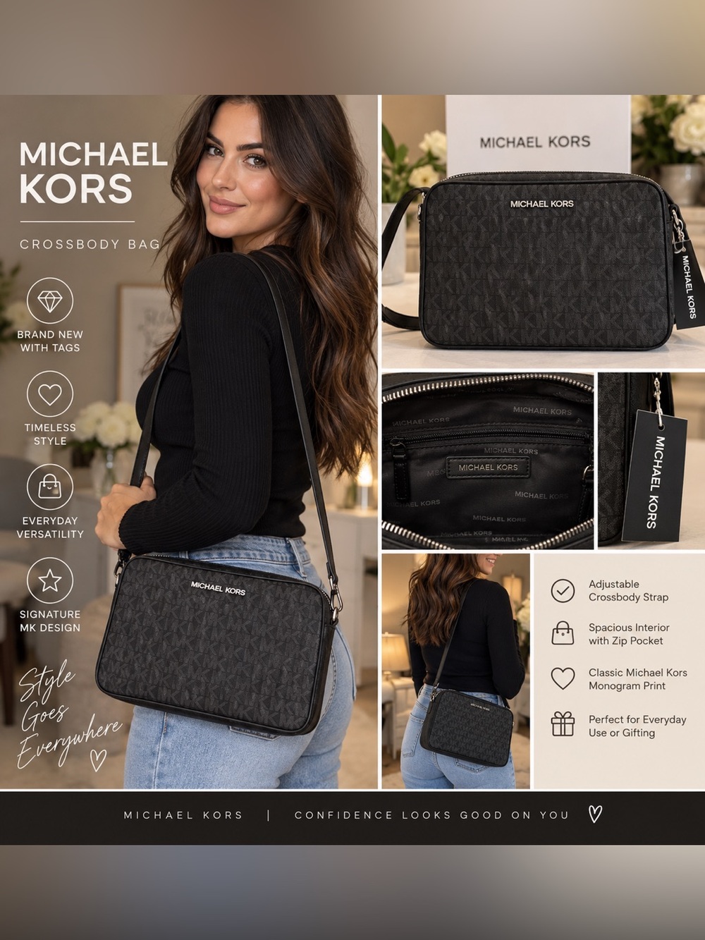 Michael Kors Black Monogram Crossbody Camera Bag-NWT